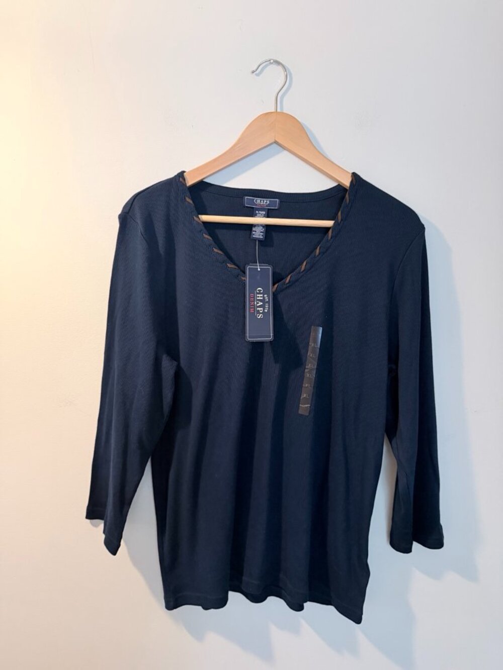 Chaps Denim Womens XL Navy Blue Ribbed Cotton V Neck 3/4 Sleeve Top NWT